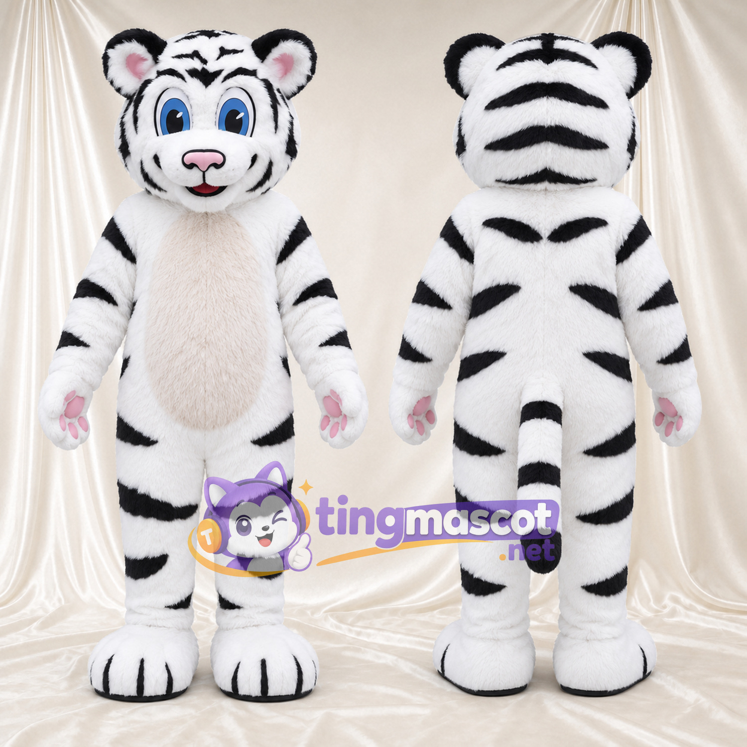 Costume de mascotte Tigre – blanc – Rayures (noir); Coussinets (rose) Costume de mascotte Tigre – blanc – Rayures (noir); Coussinets (rose)