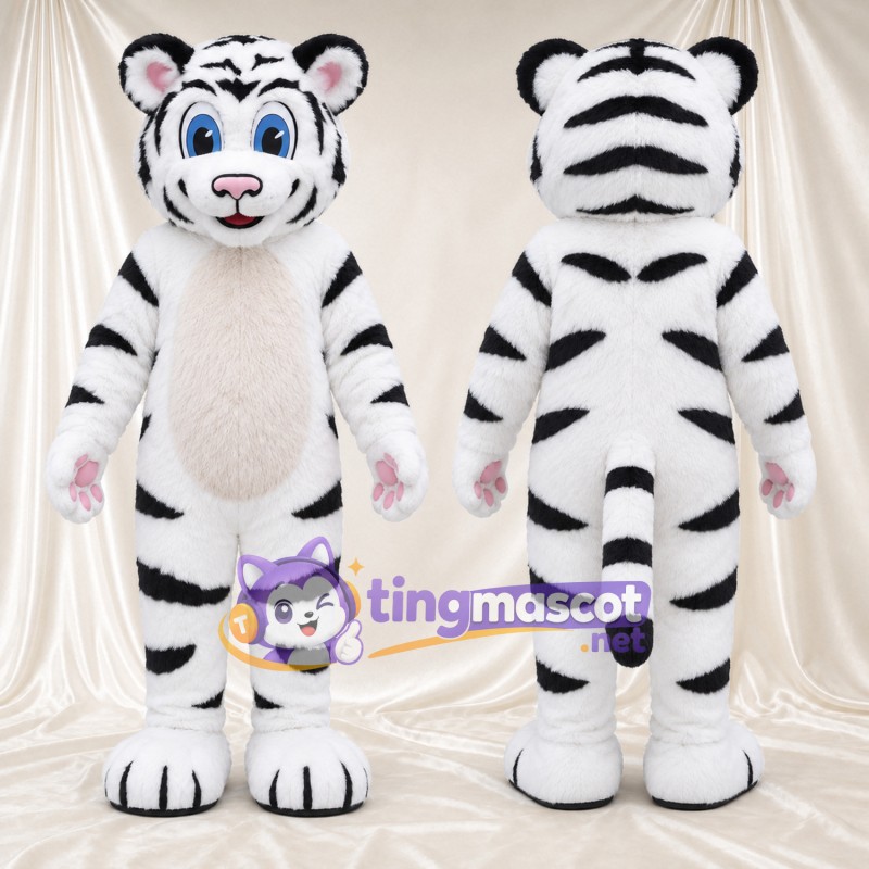 Costume de mascotte Tigre – blanc – Rayures (noir); Coussinets (rose)