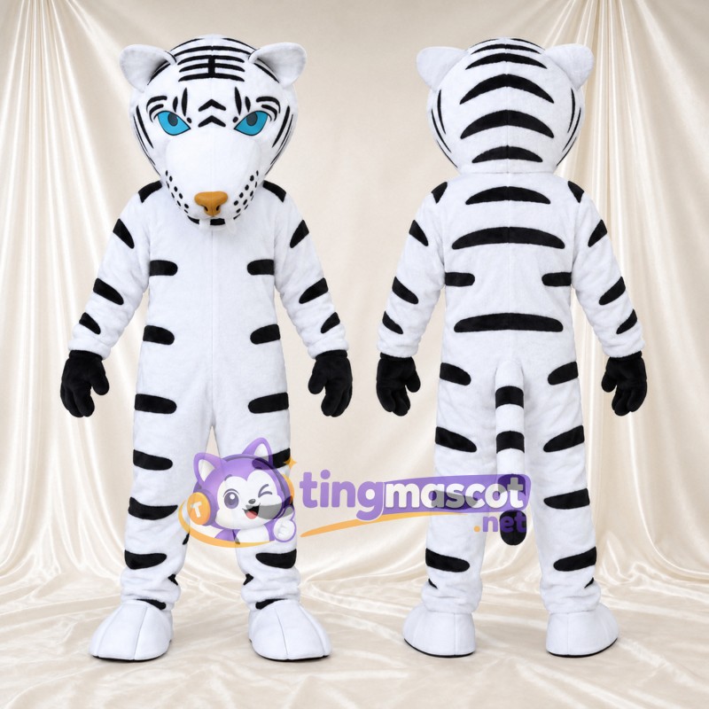 Costume de mascotte Tigre – blanc – Rayures (noir); Gants (noir)
