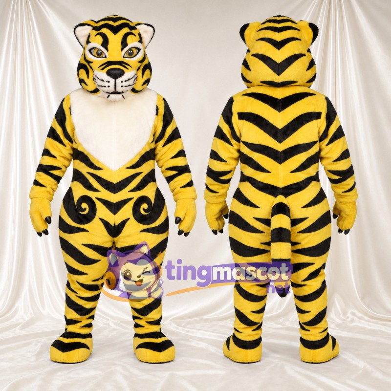 Costume de mascotte Tigre – jaune – Rayures (noir); Ventre (crème)