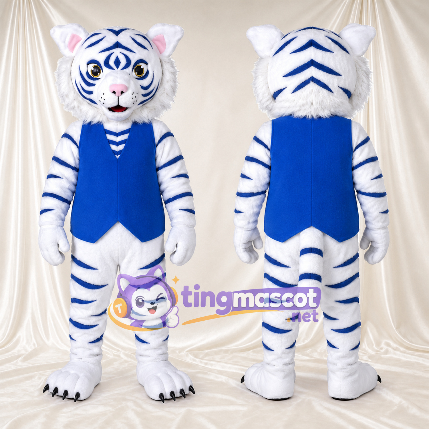 Costume de mascotte Tigre – blanc – Rayures (bleu); Gilet Costume de mascotte Tigre – blanc – Rayures (bleu); Gilet