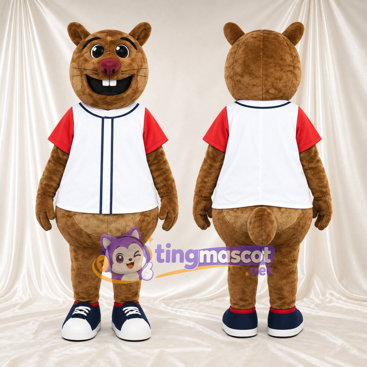 Brown Beaver Mascot Costume - Baseball Jersey Brown Beaver Mascot Costume - Baseball Jersey