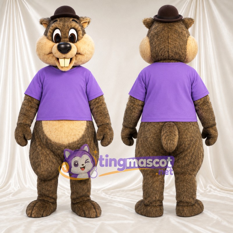 Costume de mascotte Marmotte – marron – Chemise (violet); Chapeau (marron)