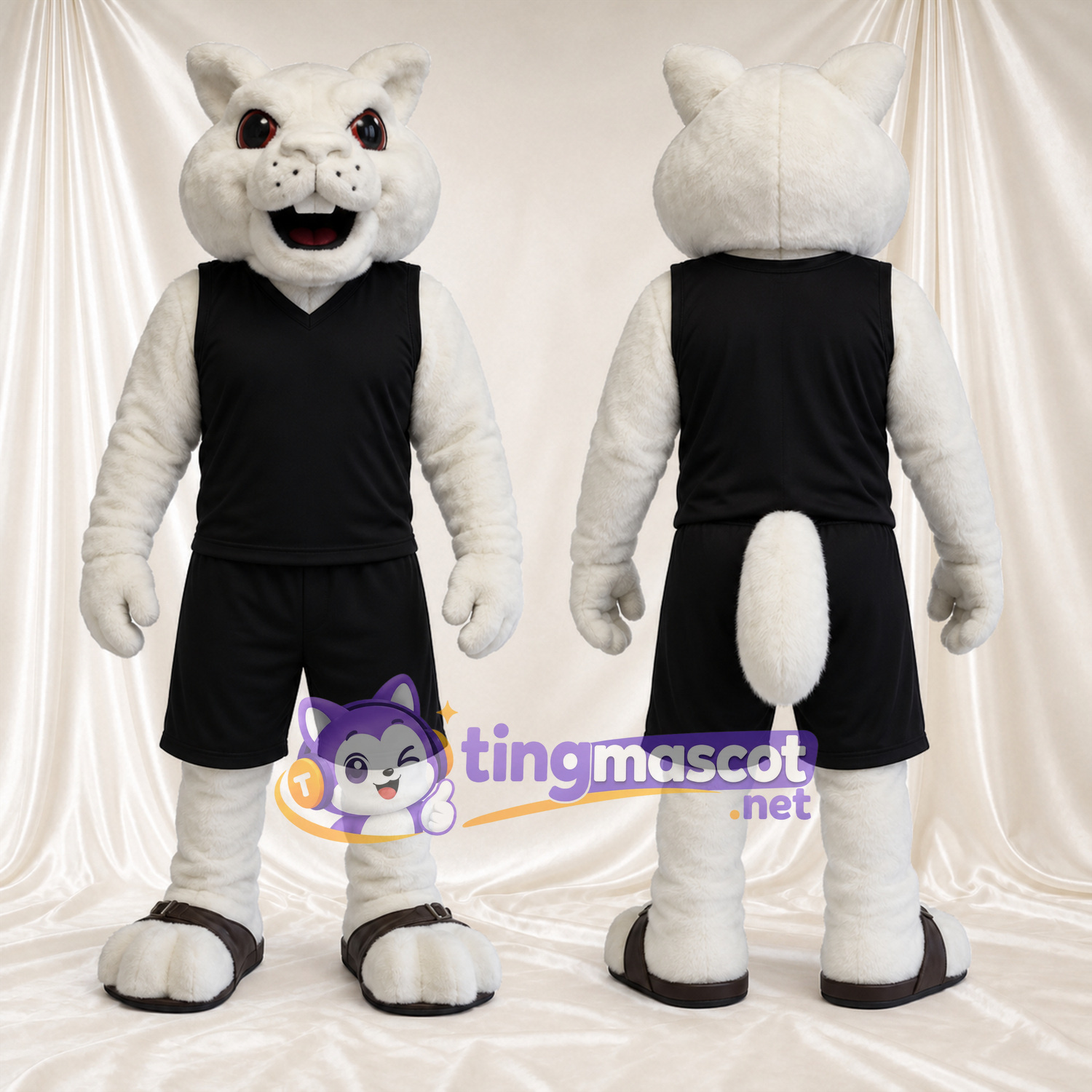 Costume de mascotte Chat – blanc – Tenue de sport (noir) Costume de mascotte Chat – blanc – Tenue de sport (noir)