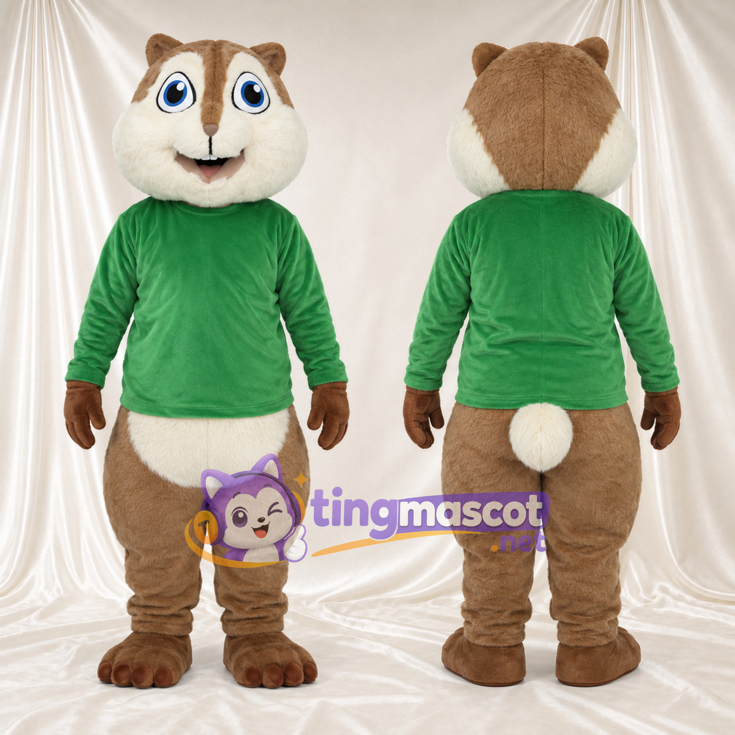 Brown Chipmunk Mascot Costume - Green Shirt Brown Chipmunk Mascot Costume - Green Shirt