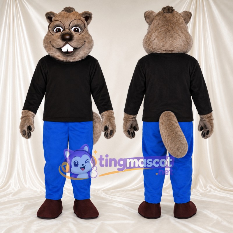 Brown Beaver Mascot Costume - Black Shirt and Blue Pants
