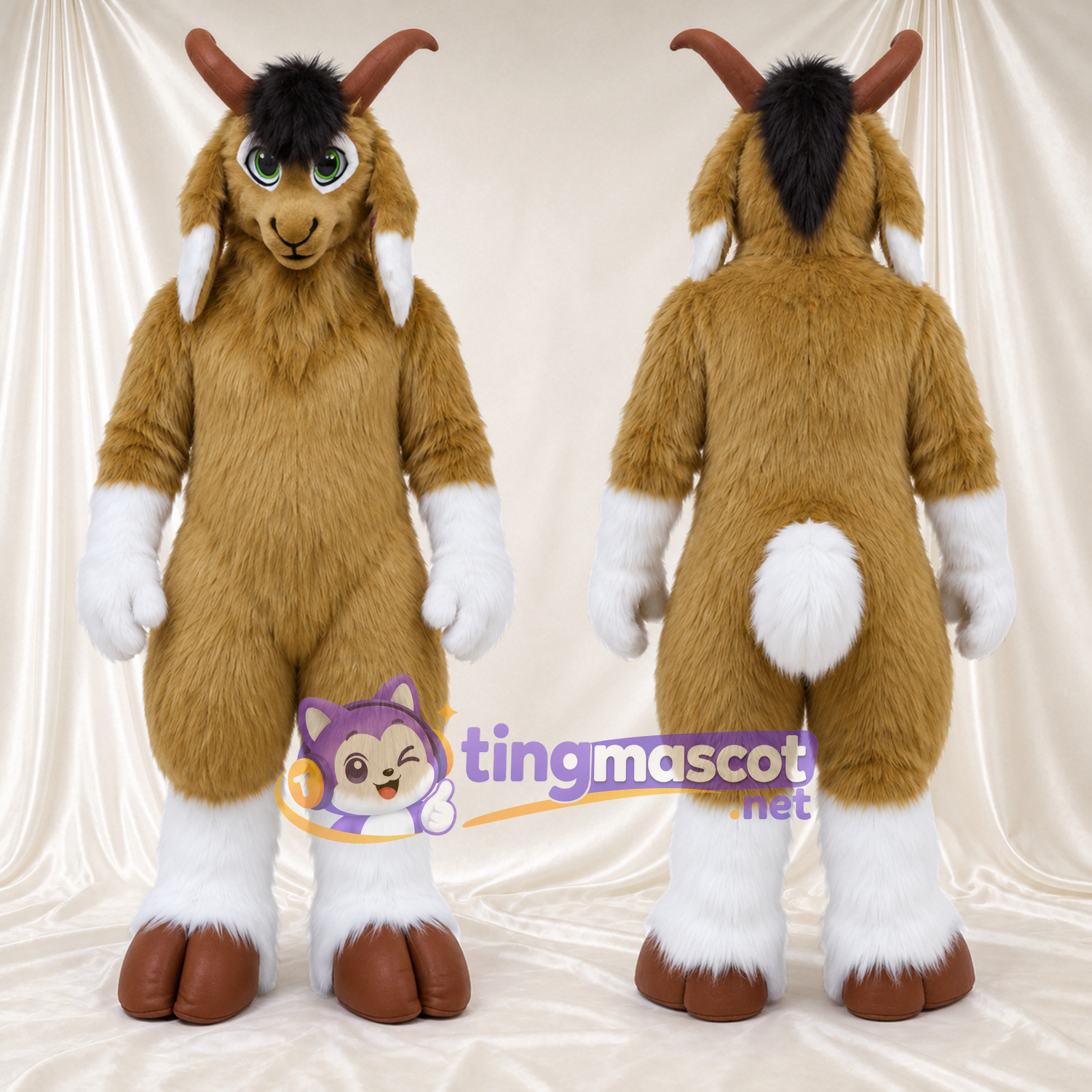 Costume de mascotte Chèvre – marron – Mains (blanc); Pieds Costume de mascotte Chèvre – marron – Mains (blanc); Pieds