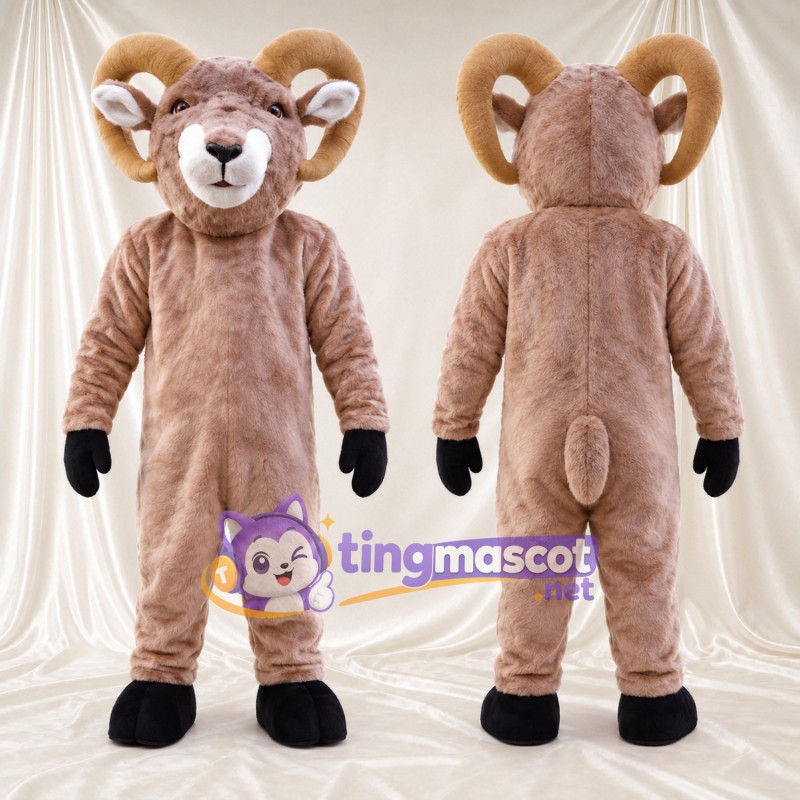 Costume de mascotte Bélier – brun clair – Sabots (noir); Cornes (brun clair)