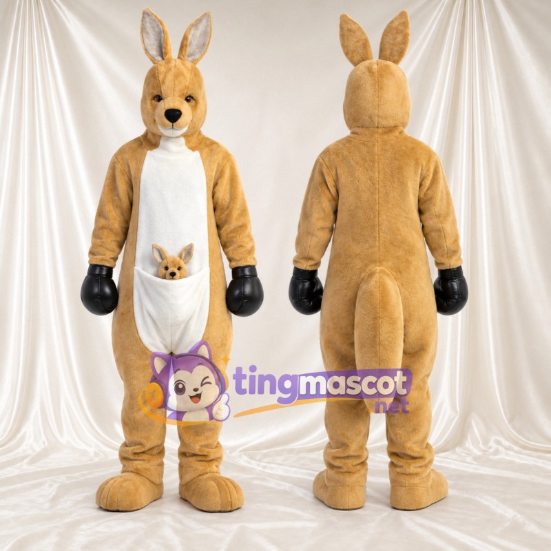Costume de mascotte Kangourou – brun clair – Poche ventrale (blanc); Gants (noir)