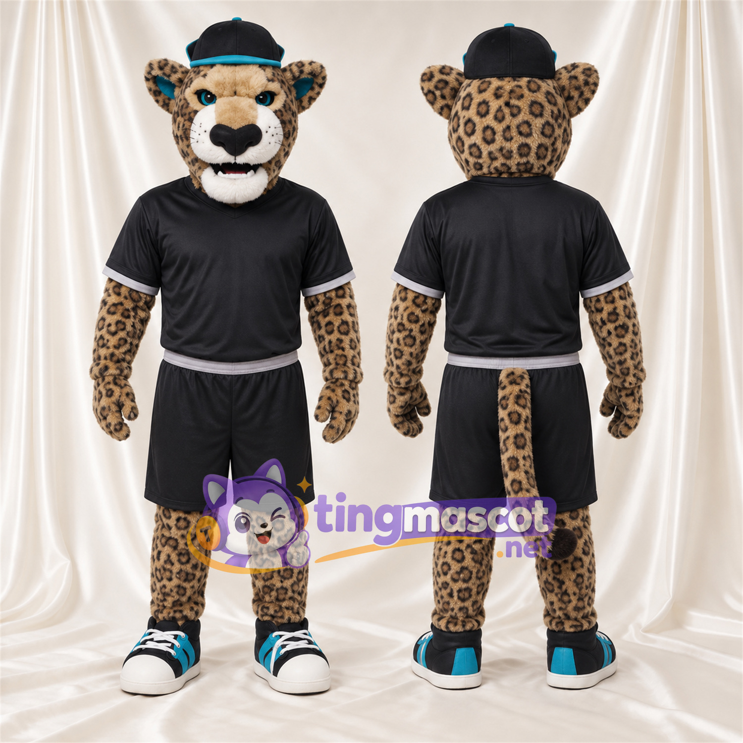 Costume de mascotte Léopard – jaune – Tenue de sport (noir); Casquette Costume de mascotte Léopard – jaune – Tenue de sport (noir); Casquette