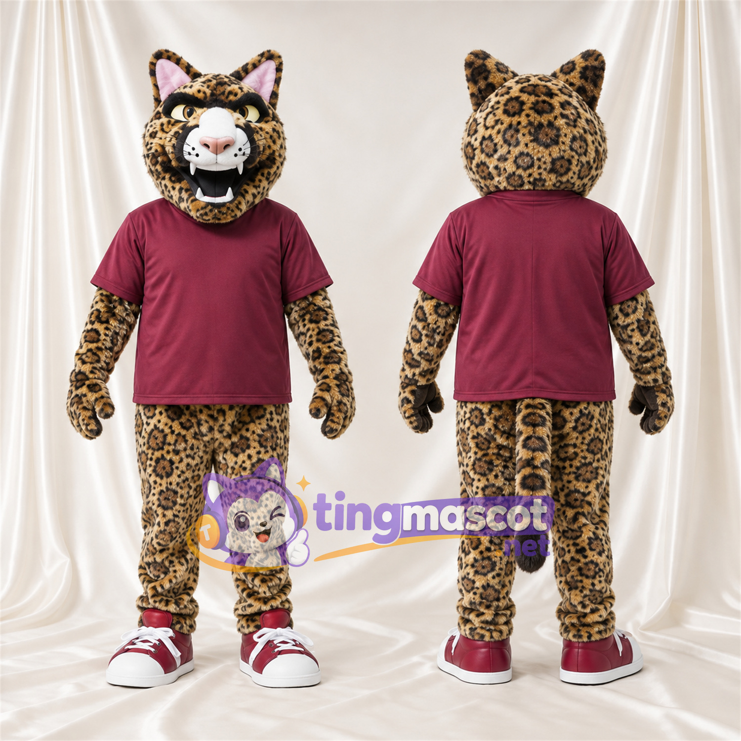 Brown Leopard Mascot Costume - Burgundy Shirt Brown Leopard Mascot Costume - Burgundy Shirt