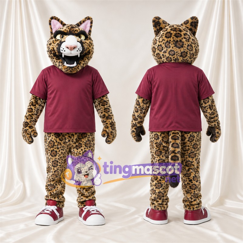 Brown Leopard Mascot Costume - Burgundy Shirt