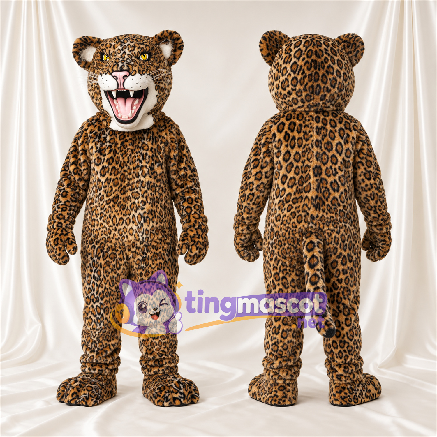 Costume de mascotte Léopard – jaune – Crocs pointus; Taches en rosettes Costume de mascotte Léopard – jaune – Crocs pointus; Taches en rosettes