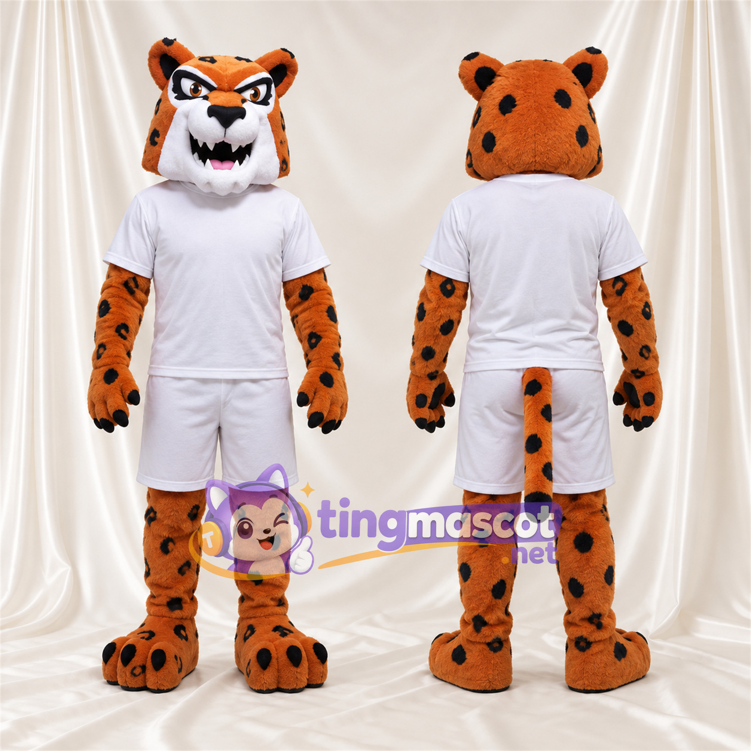Maskottchenkostüm Gefleckte Katze – orange – Sporttrikot (weiß) Maskottchenkostüm Gefleckte Katze – orange – Sporttrikot (weiß)