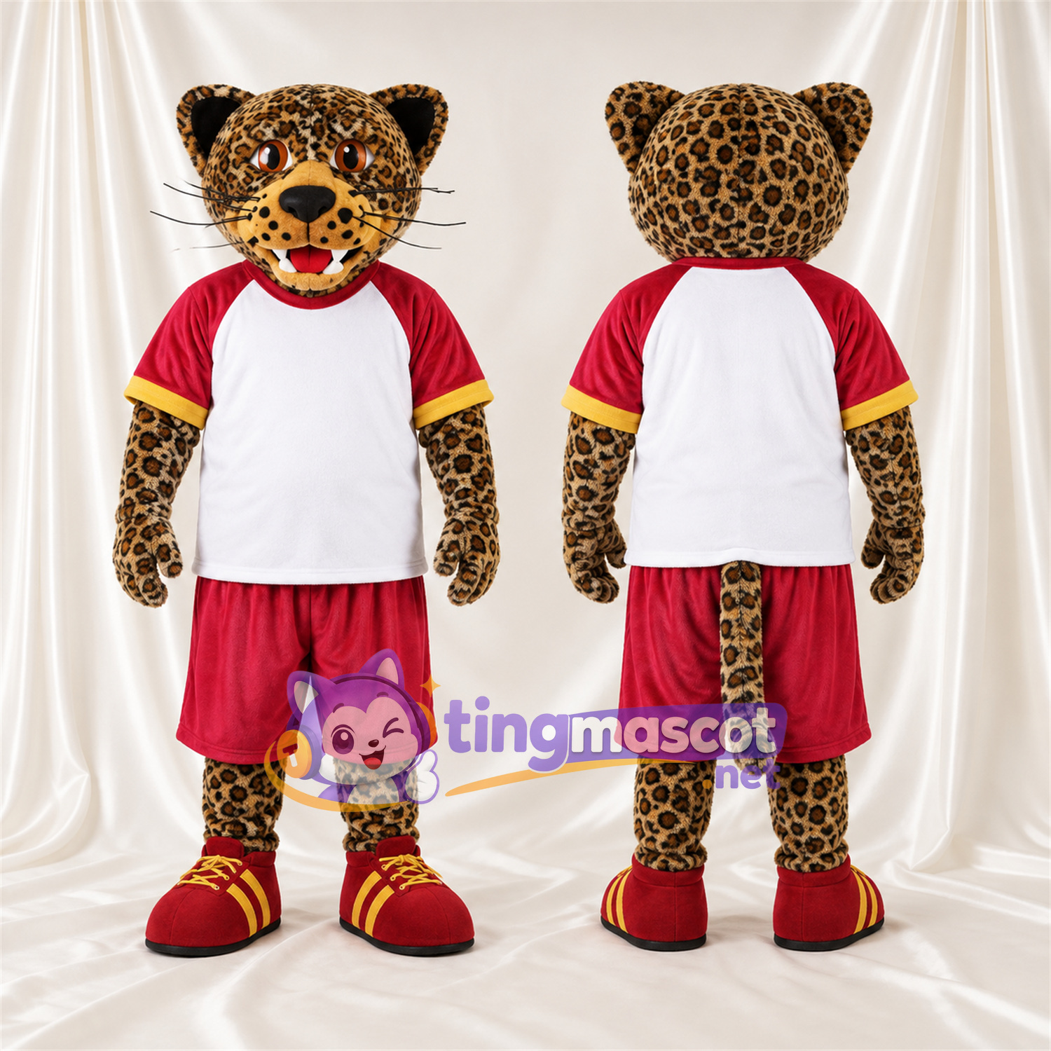 Maskottchenkostüm Gefleckte Katze – gelb – Sporttrikot (rot / weiß) Maskottchenkostüm Gefleckte Katze – gelb – Sporttrikot (rot / weiß)