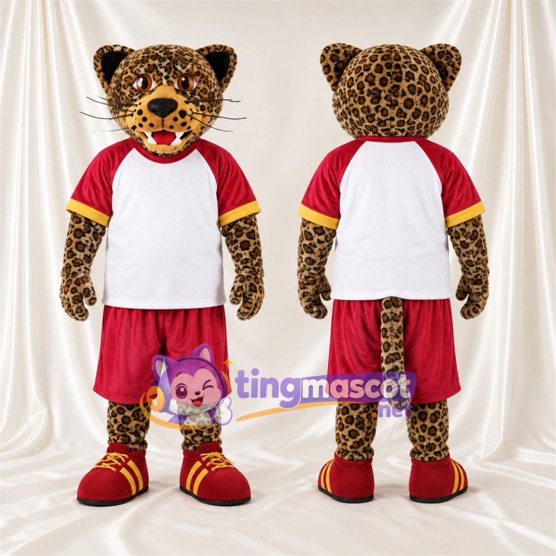 Maskottchenkostüm Gefleckte Katze – gelb – Sporttrikot (rot / weiß)