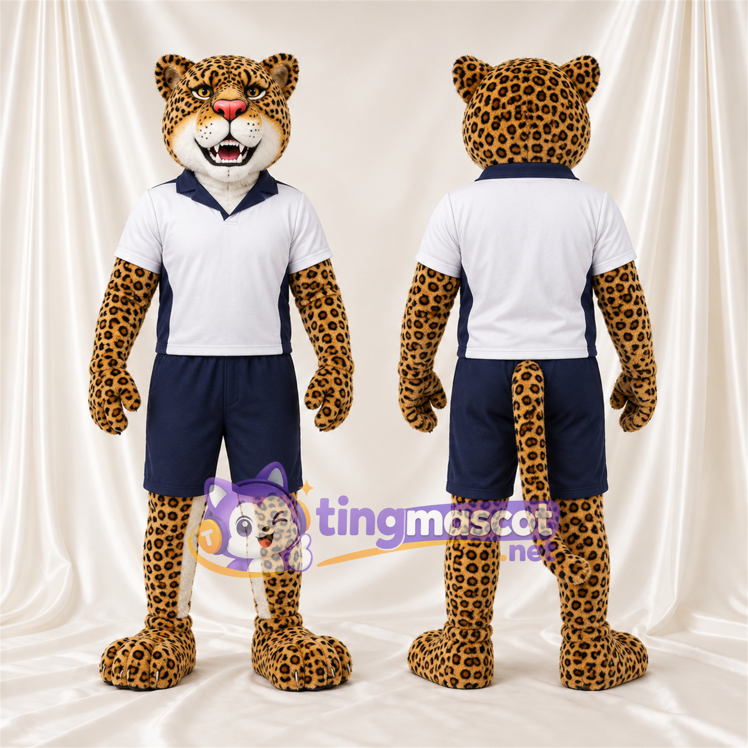 Costume de mascotte Léopard – jaune – Chemise (blanc); Short (noir) Costume de mascotte Léopard – jaune – Chemise (blanc); Short (noir)