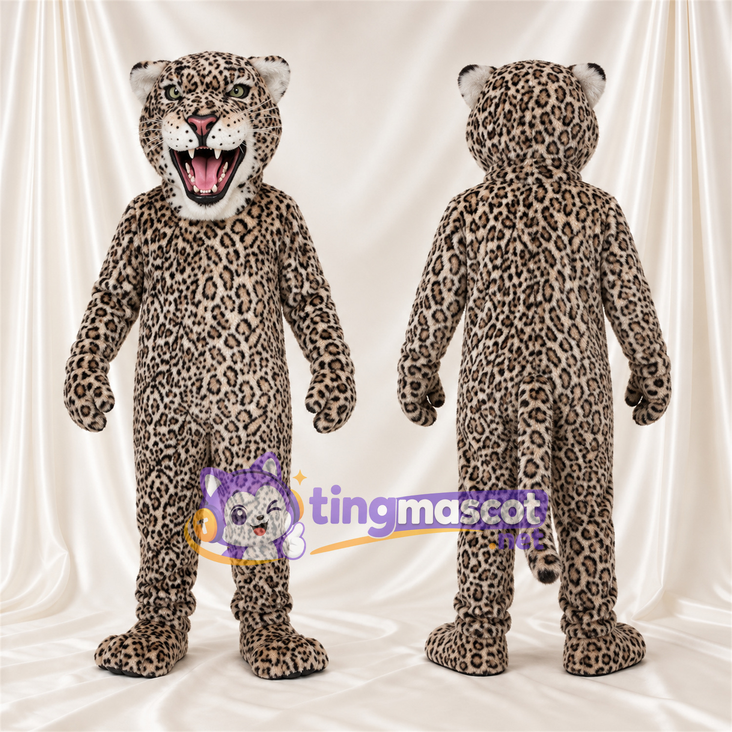 Costume de mascotte Léopard – gris – Crocs pointus; Taches en rosettes Costume de mascotte Léopard – gris – Crocs pointus; Taches en rosettes