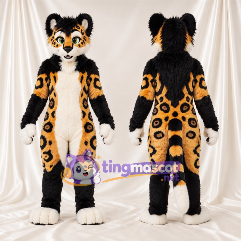 Costume de mascotte Léopard – orange / noir – Ventre (blanc)