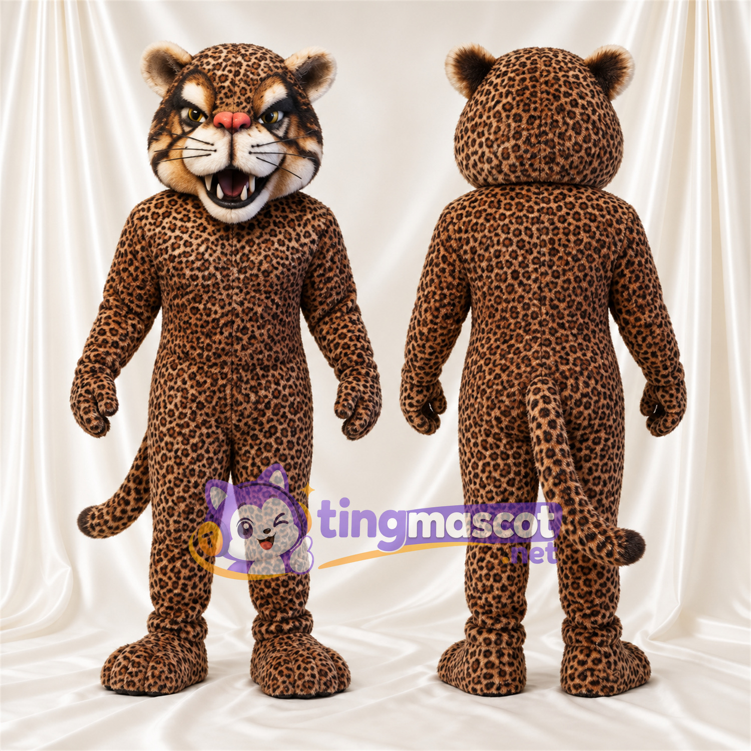 Costume de mascotte Léopard – marron – Sourire avec dents; Taches en rosettes Costume de mascotte Léopard – marron – Sourire avec dents; Taches en rosettes