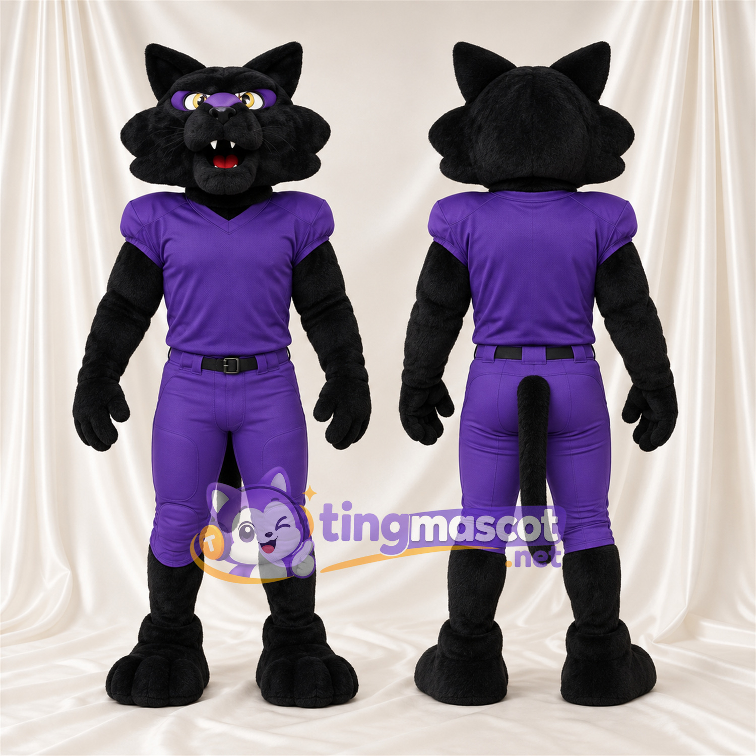 Black Wildcat Mascot Costume - Purple Outfit and Eye Mask Black Wildcat Mascot Costume - Purple Outfit and Eye Mask