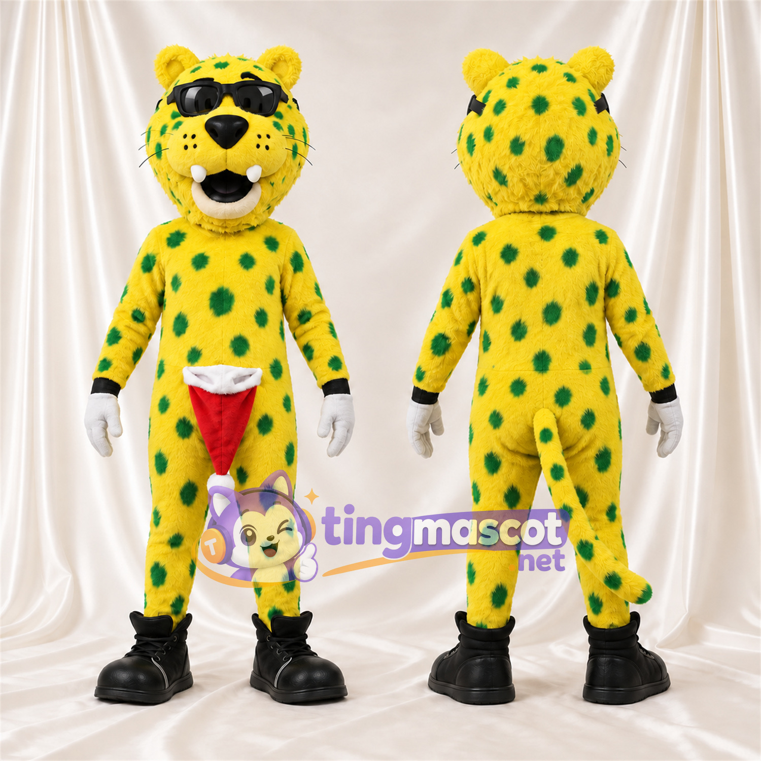 Maskottchenkostüm Gefleckte Katze – gelb – Flecken (grün); Sonnenbrille Maskottchenkostüm Gefleckte Katze – gelb – Flecken (grün); Sonnenbrille