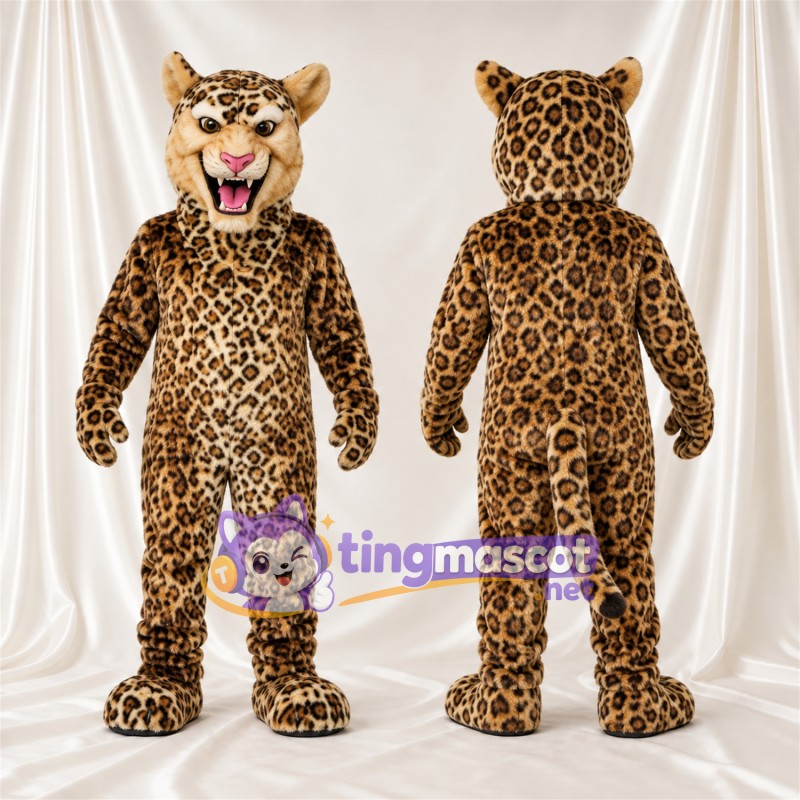 Maskottchenkostüm Leopard – gelb – Spitze Fangzähne; Rosettenflecken