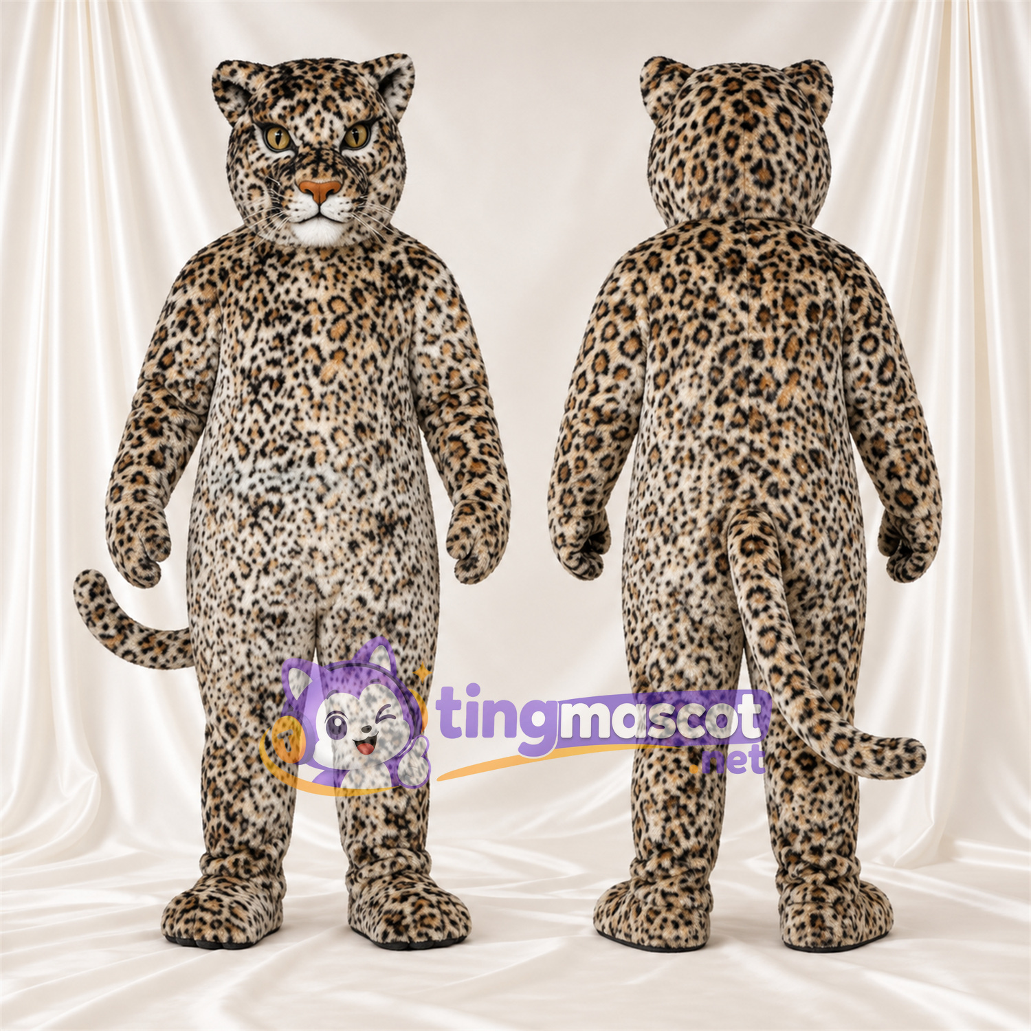 Costume de mascotte Léopard – brun clair – Longue queue; Taches en rosettes Costume de mascotte Léopard – brun clair – Longue queue; Taches en rosettes