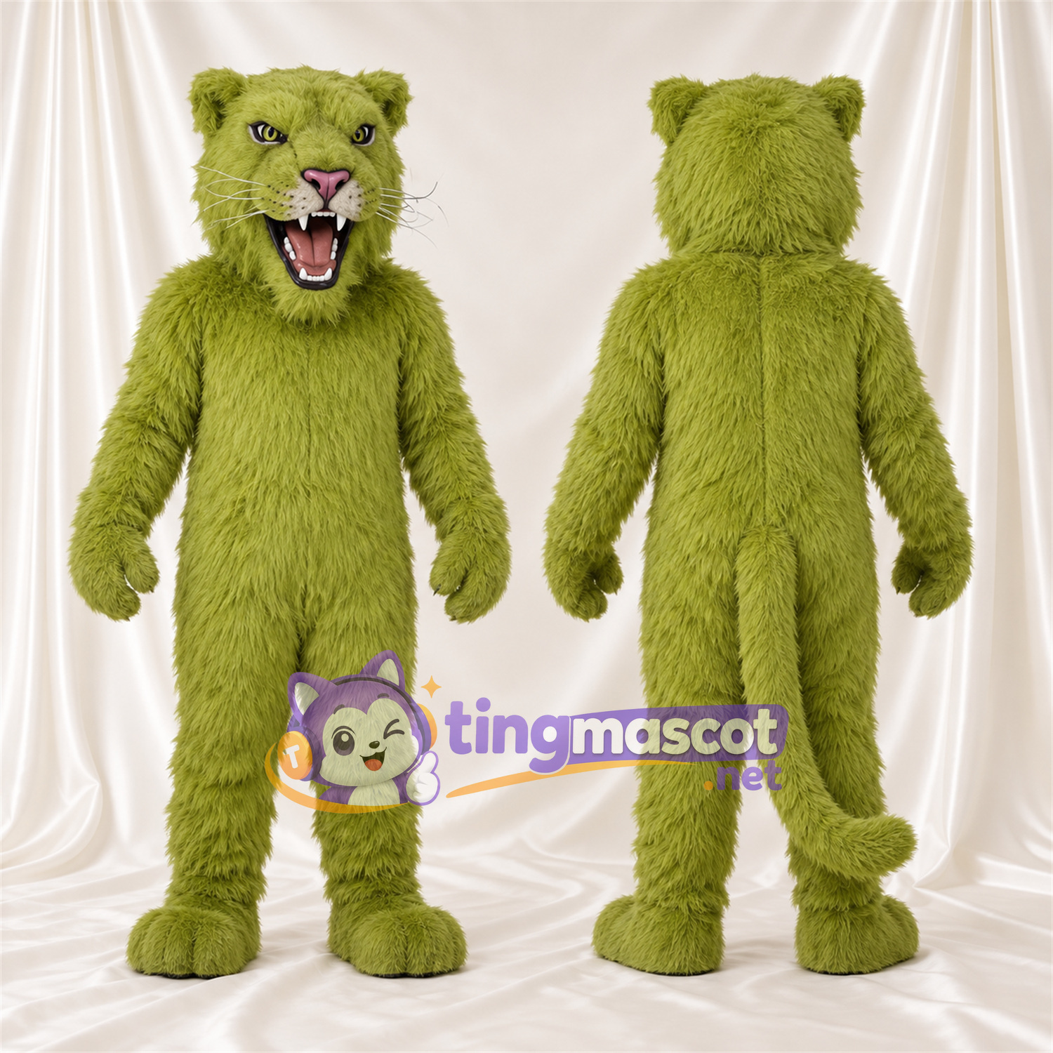 Costume de mascotte Chat sauvage – vert – Crocs pointus; Fourrure hirsute Costume de mascotte Chat sauvage – vert – Crocs pointus; Fourrure hirsute