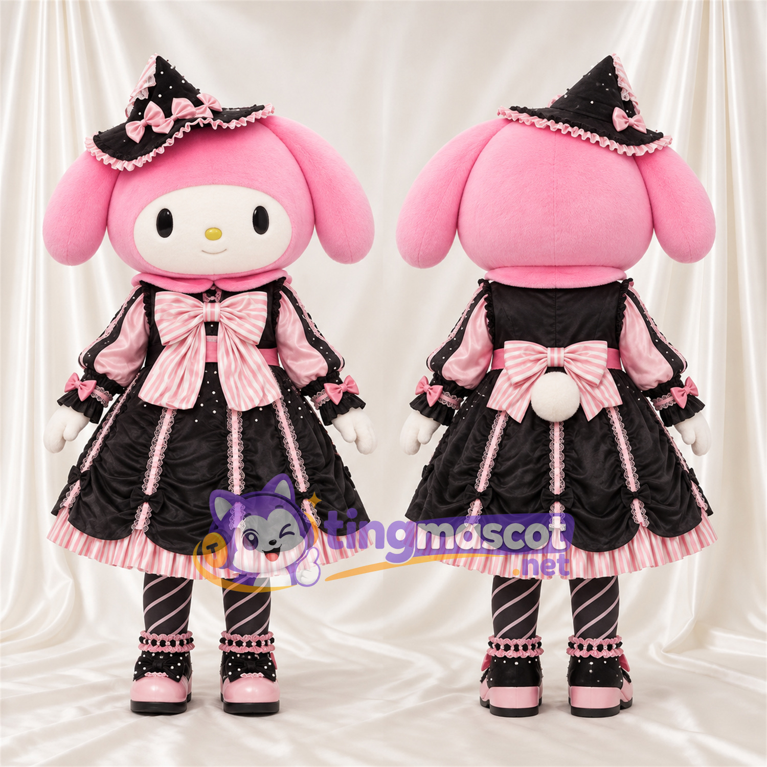 Costume de mascotte My Melody – rose / blanc – Robe (noir / rose) Costume de mascotte My Melody – rose / blanc – Robe (noir / rose)