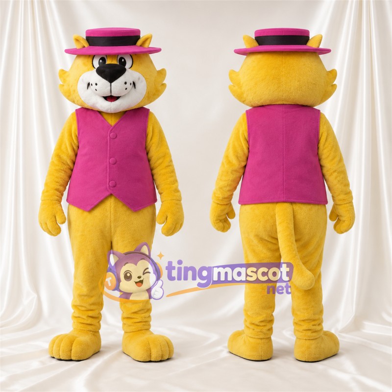 Costume de mascotte Chat – jaune – Gilet (rose); Haut-de-forme