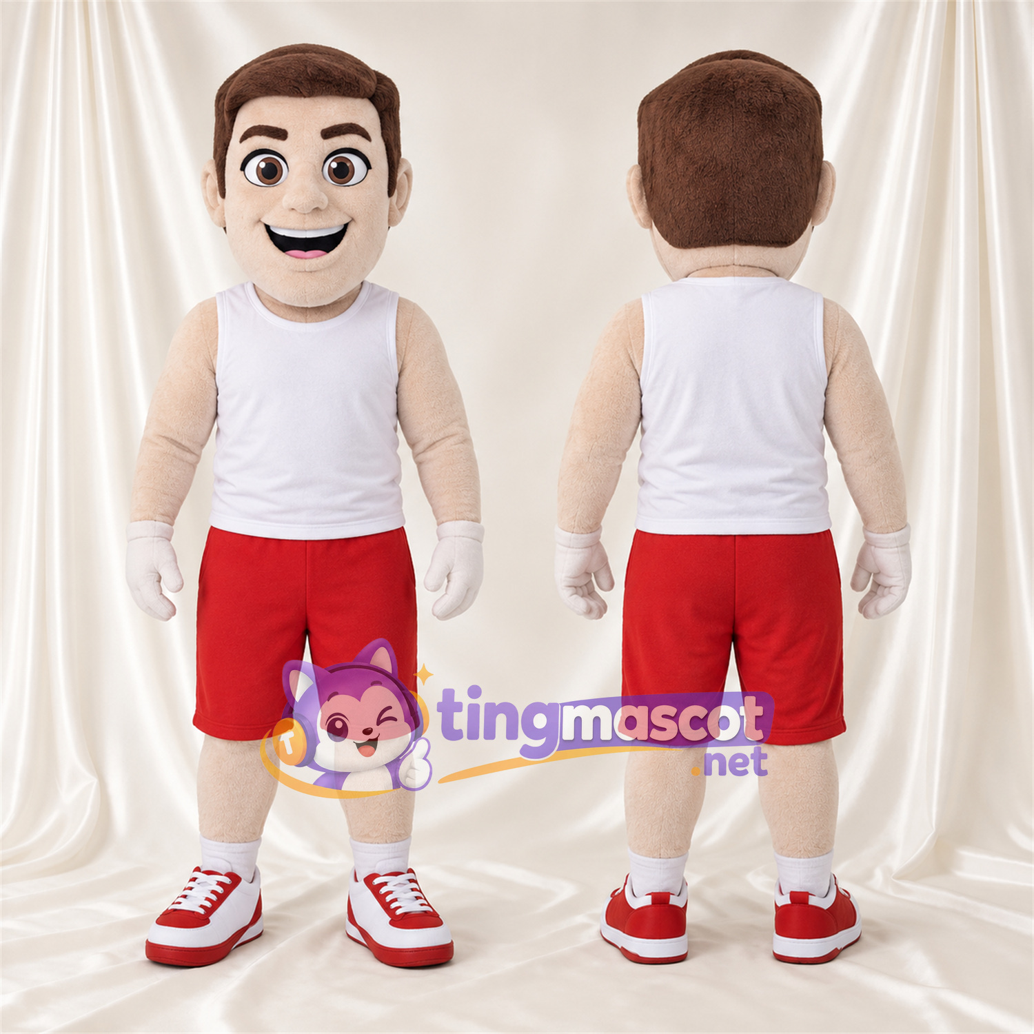 Cartoon Man Mascot Costume - White Shirt and Red Shorts Cartoon Man Mascot Costume - White Shirt and Red Shorts