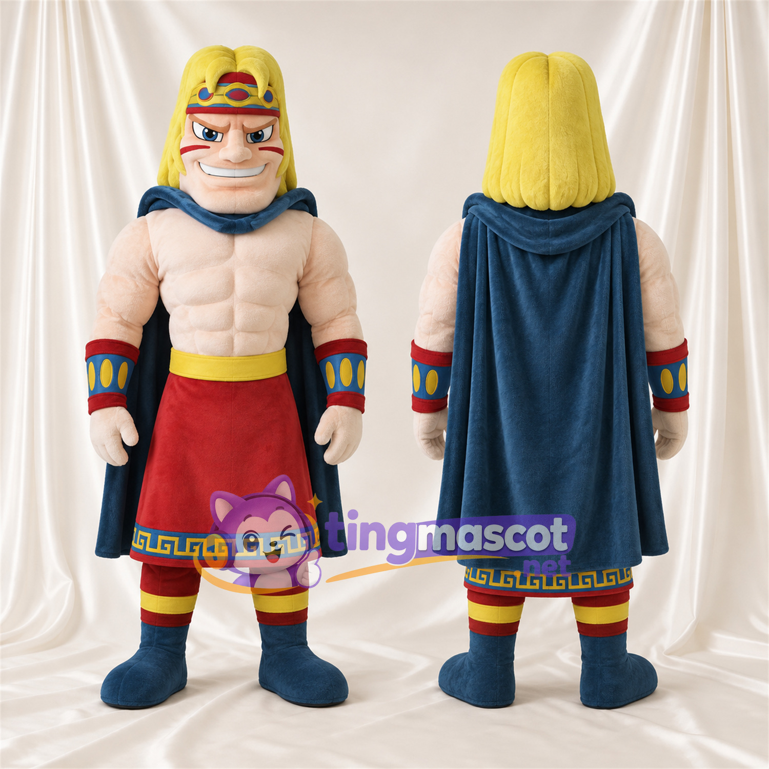 Maskottchenkostüm Krieger – blau / rot / goldfarben – Umhang (blau); Rock (rot) Maskottchenkostüm Krieger – blau / rot / goldfarben – Umhang (blau); Rock (rot)