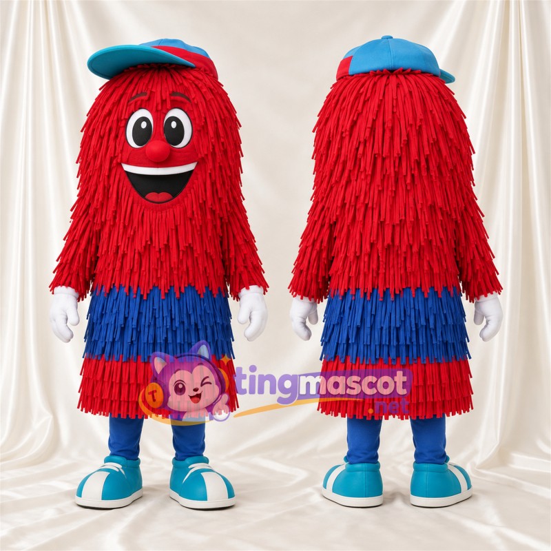 Costume de mascotte Monstre hirsute – rouge / bleu – Casquette (bleu); Gants (blanc)