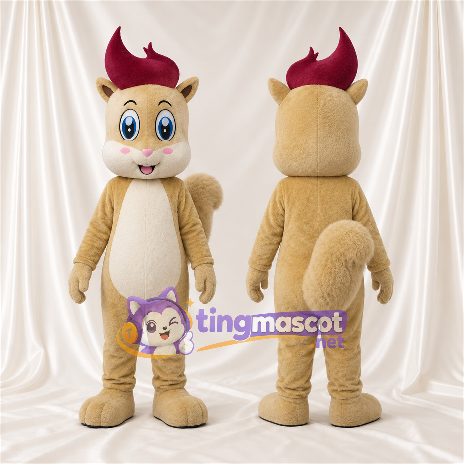 Costume de mascotte Écureuil – brun clair – Touffe de cheveux (bordeaux foncé); Ventre (crème) Costume de mascotte Écureuil – brun clair – Touffe de cheveux (bordeaux foncé); Ventre (crème)