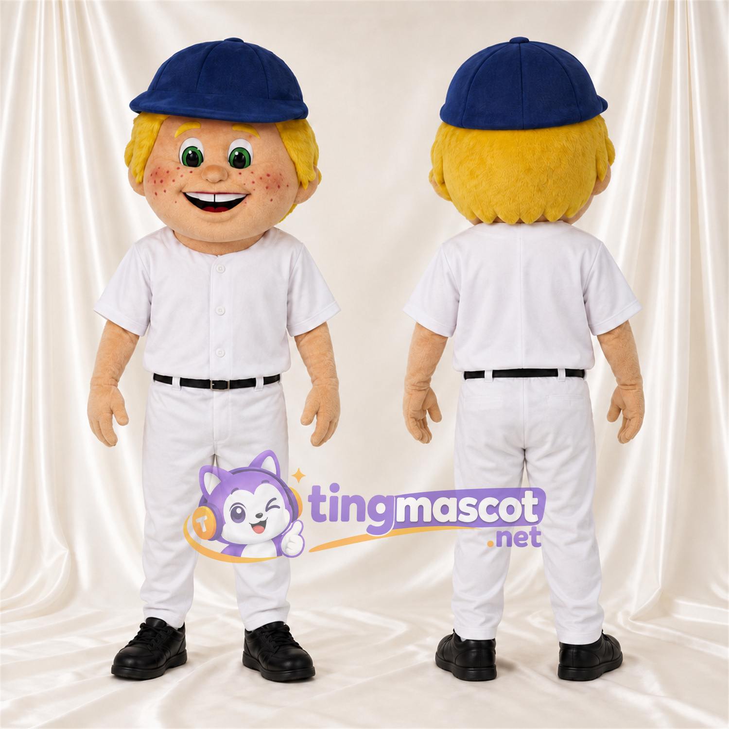 Maskottchenkostüm Baseballspieler – weiß / blau – Uniform (weiß); Kappe (blau) Maskottchenkostüm Baseballspieler – weiß / blau – Uniform (weiß); Kappe (blau)