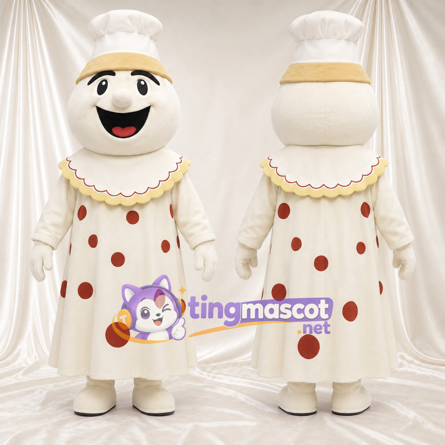 Maskottchenkostüm Clown – creme / rot – Outfit (creme); Punktmuster (rot) Maskottchenkostüm Clown – creme / rot – Outfit (creme); Punktmuster (rot)