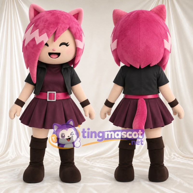 Costume de mascotte Fille chat – rose / bordeaux – Cheveux (rose); Tenue (bordeaux)