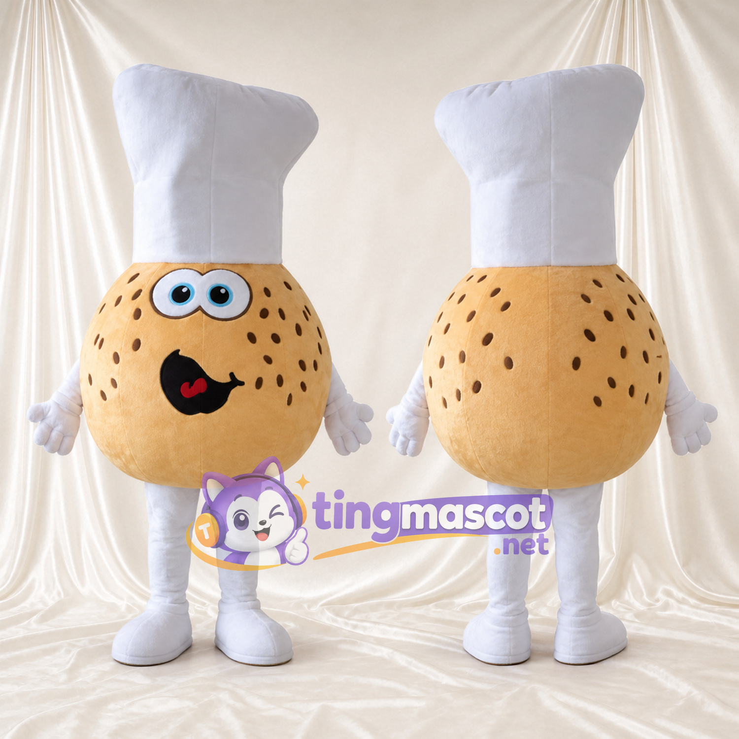 Costume de mascotte Biscuit cuisinier – brun clair – Toque de chef (blanc) Costume de mascotte Biscuit cuisinier – brun clair – Toque de chef (blanc)
