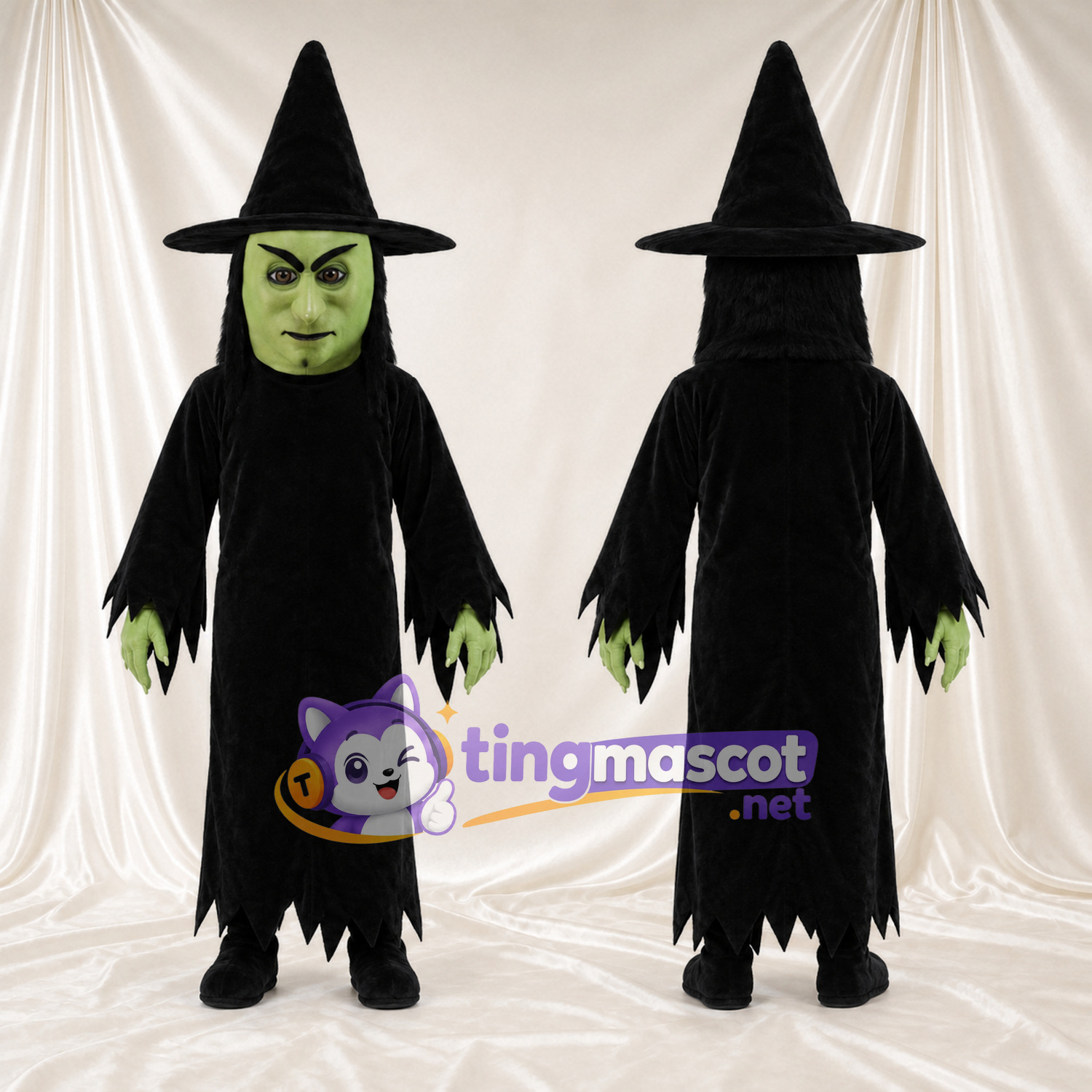 Maskottchenkostüm Hexe – grün / schwarz – Gesicht (grün); Outfit (schwarz) Maskottchenkostüm Hexe – grün / schwarz – Gesicht (grün); Outfit (schwarz)