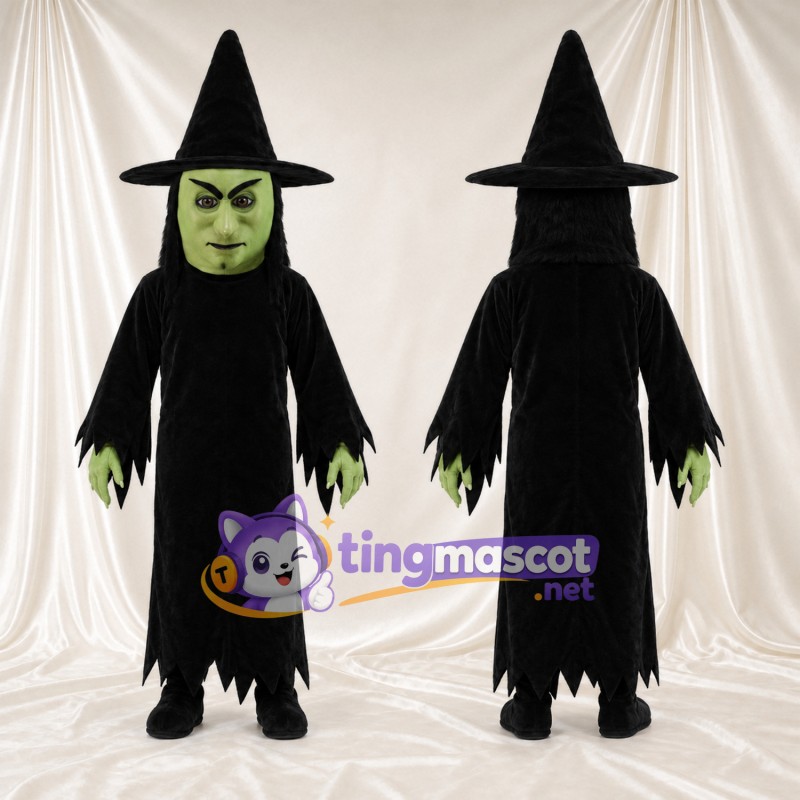 Maskottchenkostüm Hexe – grün / schwarz – Gesicht (grün); Outfit (schwarz)