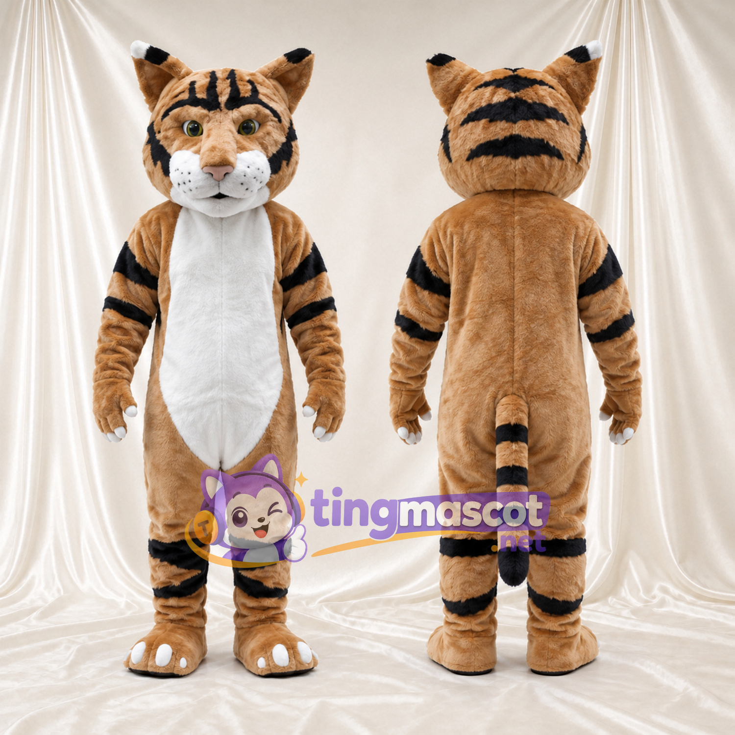 Costume de mascotte Tigre – marron – Griffes (blanc); Larges rayures Costume de mascotte Tigre – marron – Griffes (blanc); Larges rayures
