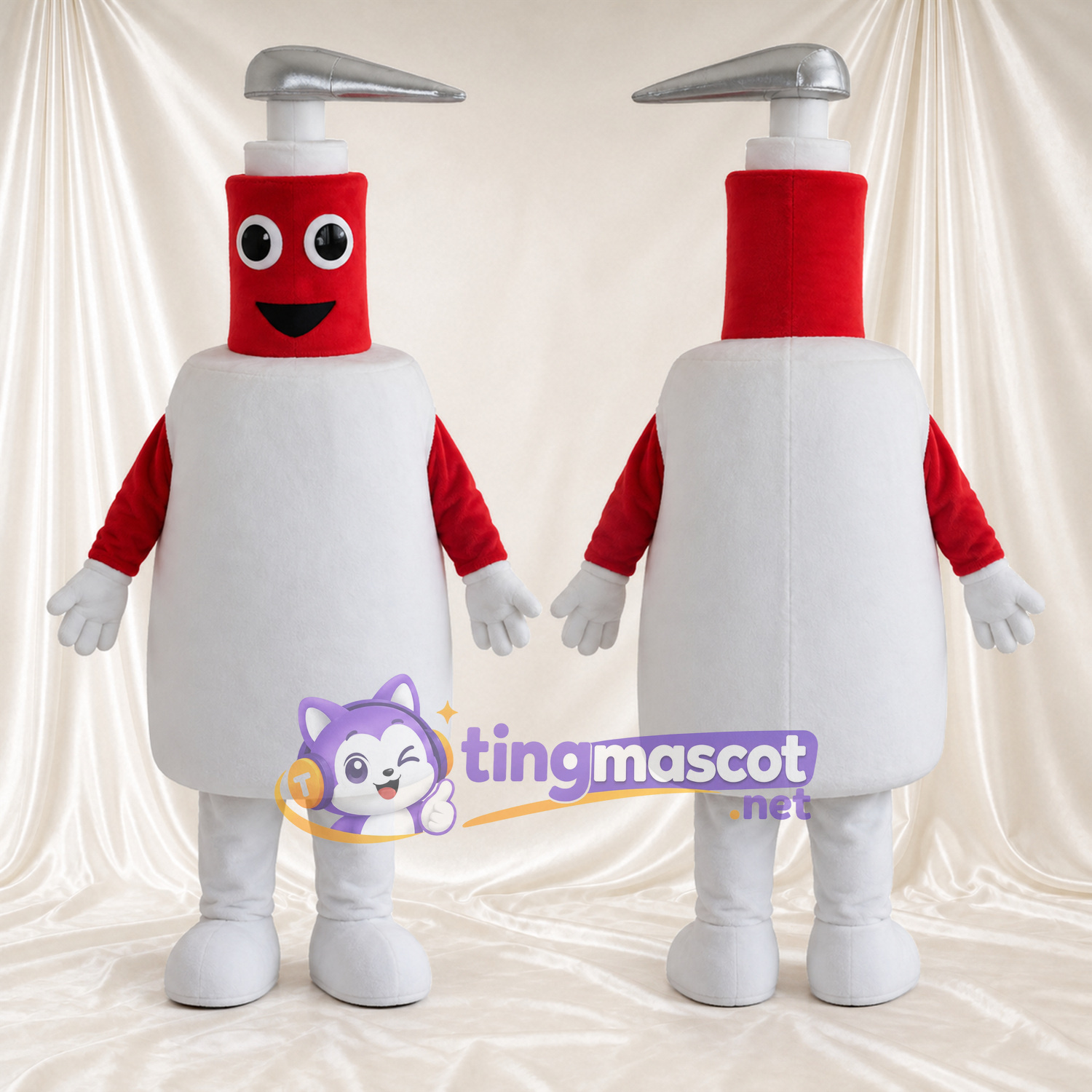 Costume de mascotte Flacon à pompe – rouge / blanc – Pompe (argenté) Costume de mascotte Flacon à pompe – rouge / blanc – Pompe (argenté)