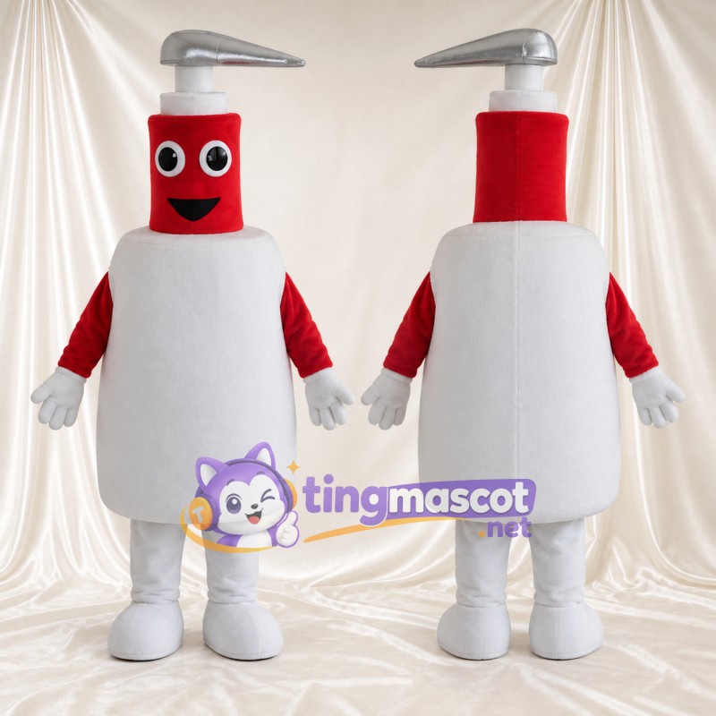 Costume de mascotte Flacon à pompe – rouge / blanc – Pompe (argenté)