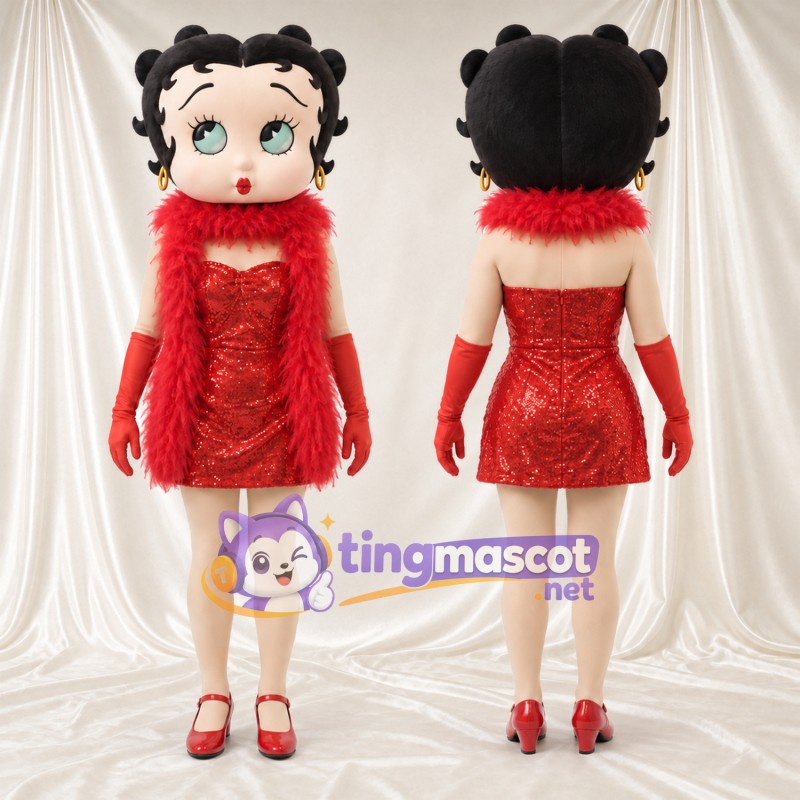 Cartoon Girl Mascot Costume - Red Dress and Feather Boa