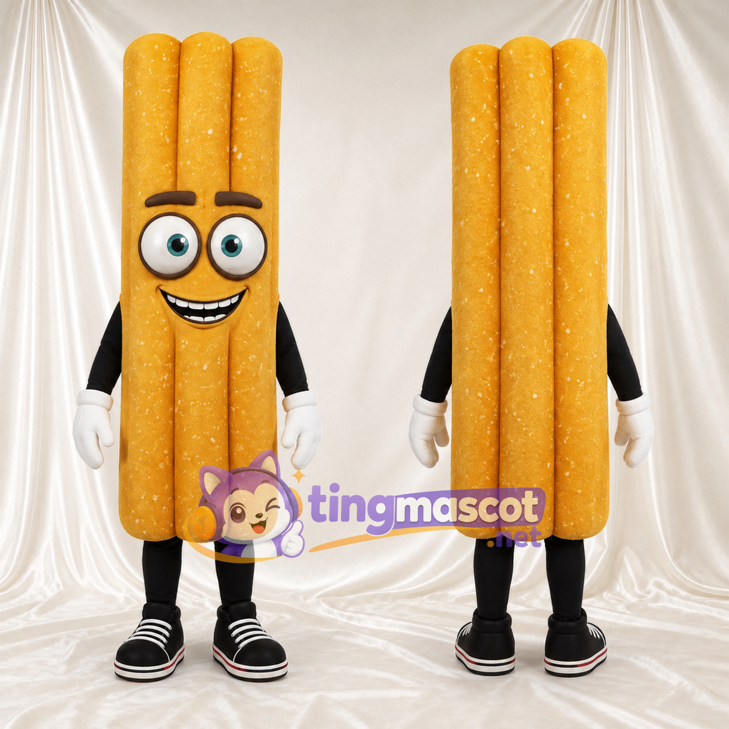Costume de mascotte Bâtonnet de pâte frite – brun doré – Gants (blanc) Costume de mascotte Bâtonnet de pâte frite – brun doré – Gants (blanc)