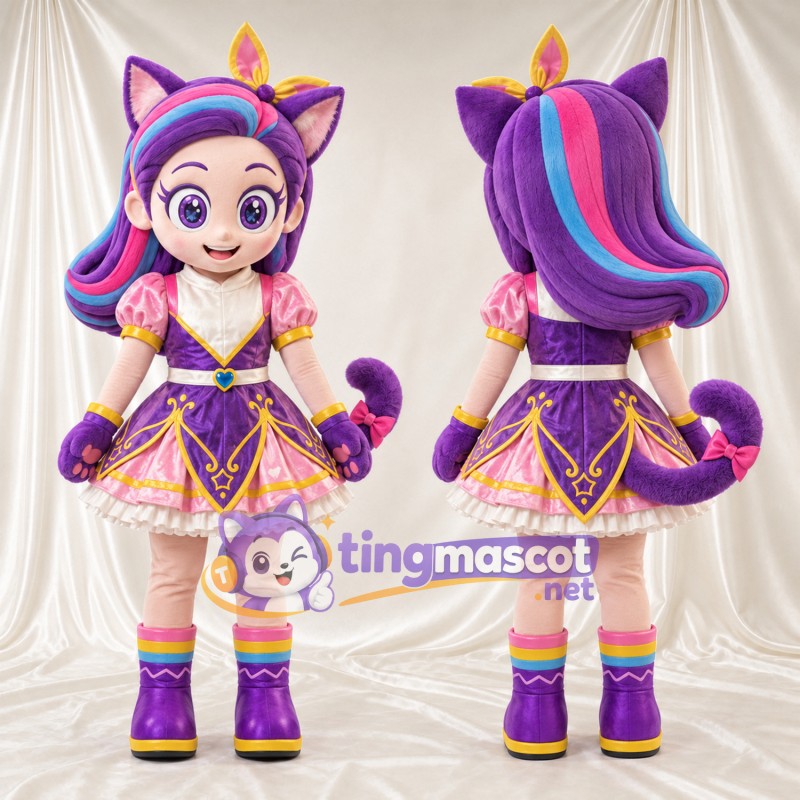 Princess Mascot Costume - Purple Dress and Fox Ears, Long Tail and Purple and Pink Hair