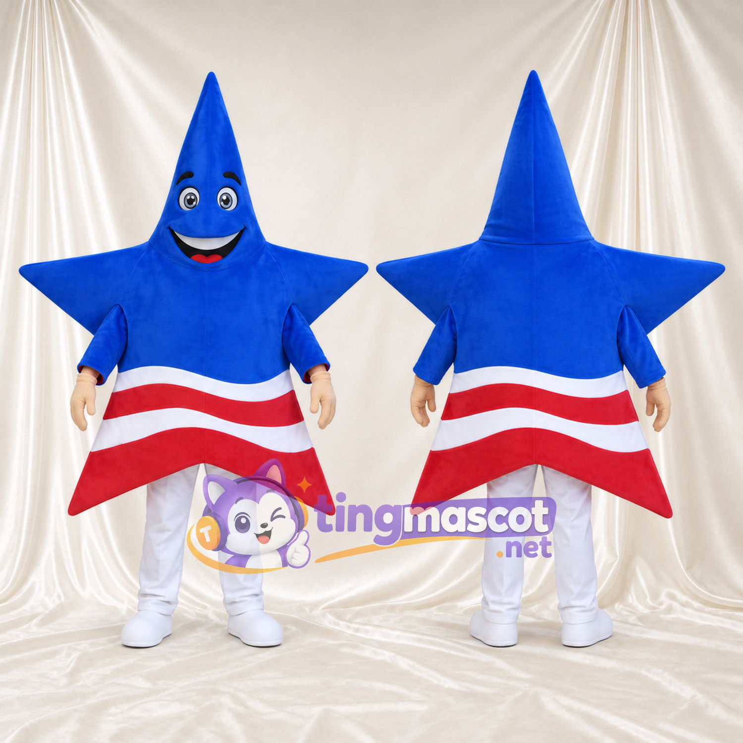Costume de mascotte Étoile – bleu – Rayures (rouge / blanc) Costume de mascotte Étoile – bleu – Rayures (rouge / blanc)