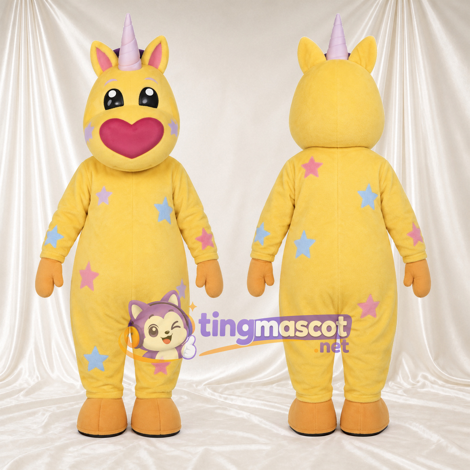 Maskottchenkostüm Einhorn – gelb – Sternenmuster Maskottchenkostüm Einhorn – gelb – Sternenmuster