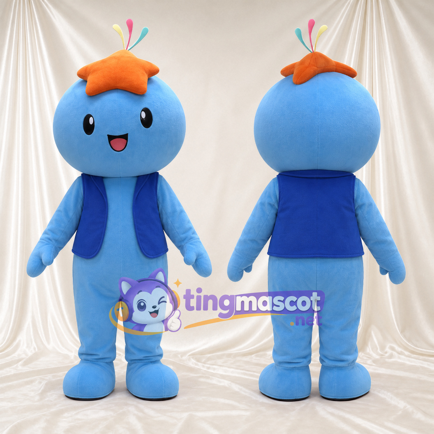 Blue Alien Mascot Costume - Orange Star Hat Blue Alien Mascot Costume - Orange Star Hat